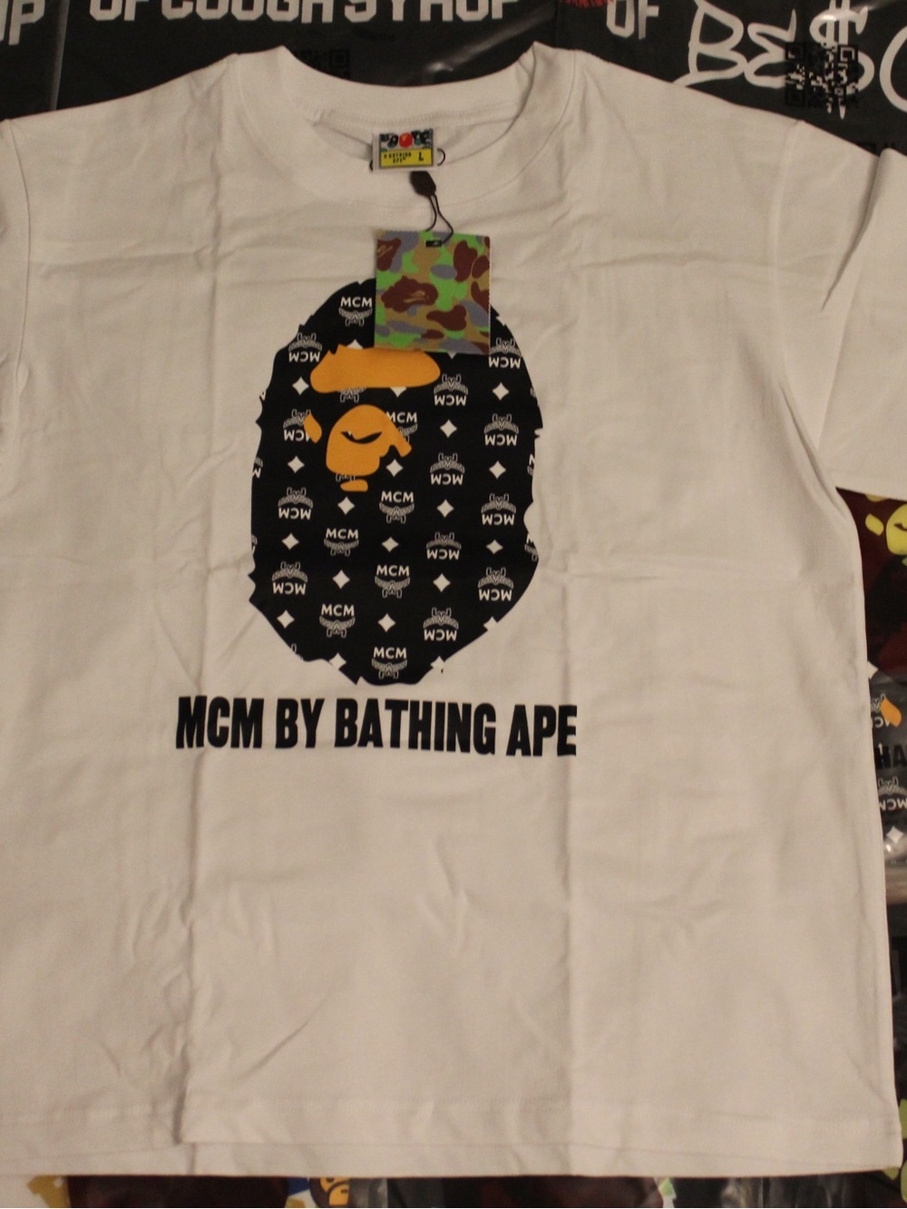 Bape White Short Sleeve Tee with Black & Yellow Ape Logo